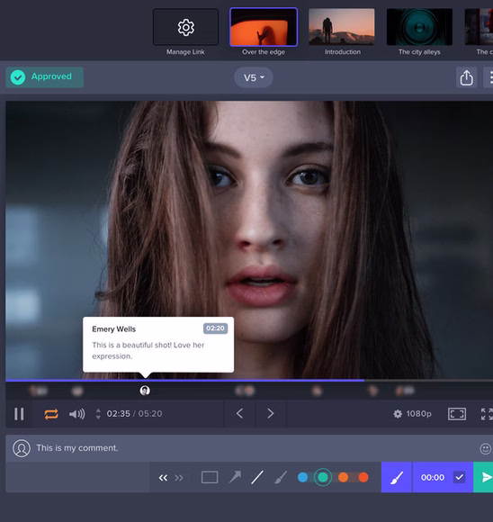 A Frame.io review screen with a time-stamped comment on a video frame