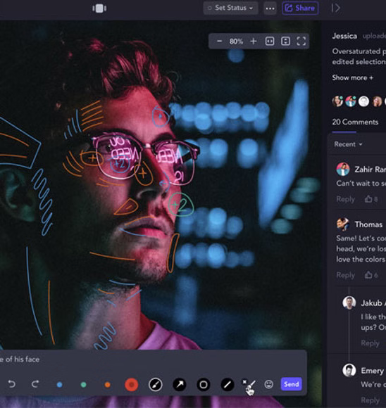 A Frame.io review with hand-drawn annotations over a portrait beside a comment thread