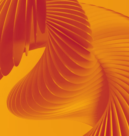 Abstract orange 3D ribbons twisting into a spiral