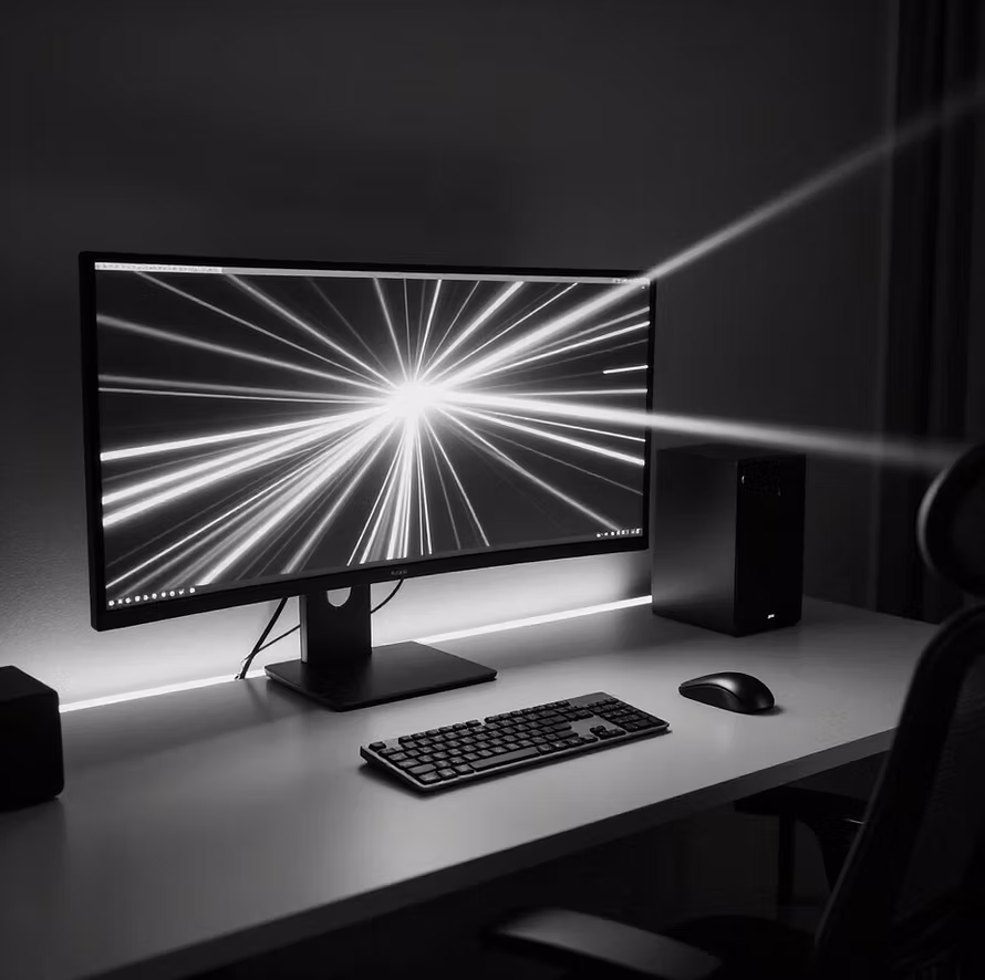 A professional edit suite with a widescreen monitor