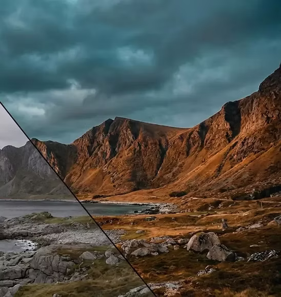 A landscape showing a comparison between flat and finished colour grades