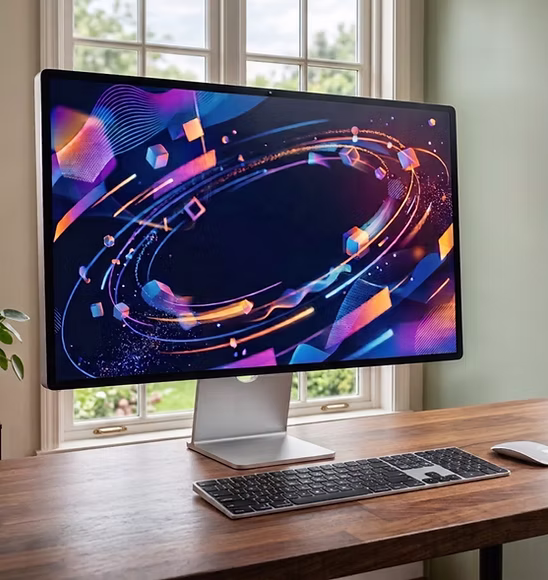 A colourful motion graphics composition displayed on a monitor